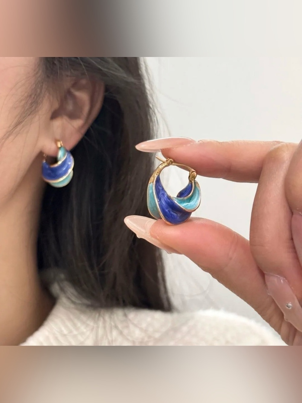 Gold Huggie Hoop Earrings with Blue and Teal Enamel Twists
